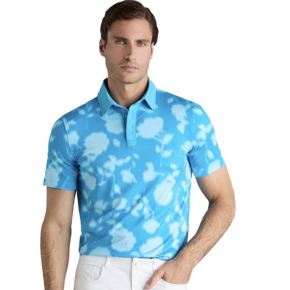 NWT G/Fore BLUR Floral Tech VENET Blue Performance Golf Polo Shirt MEDIUM $110